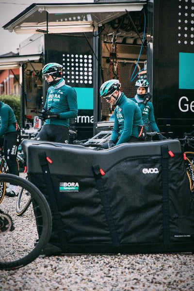 EVOC Road Bike Bag Pro bike travel bag at Professional Cycling Team Bora Hansgrohe training camp