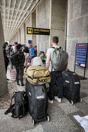 Arriving at Peru airport with bike travel bags and other gear bags and luggage
