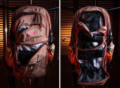 EVOC Explorer 30 liter backpack side by side view of three main compartments both open and closed showing storage capabilities